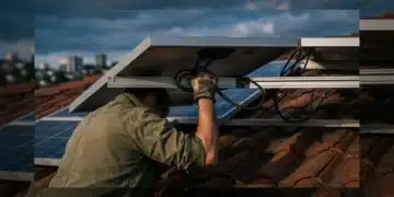 Person inspecting residential solar panel connections on a terracotta roof at twilight, symbolizing sustainable living and reduced carbon footprint through home energy.