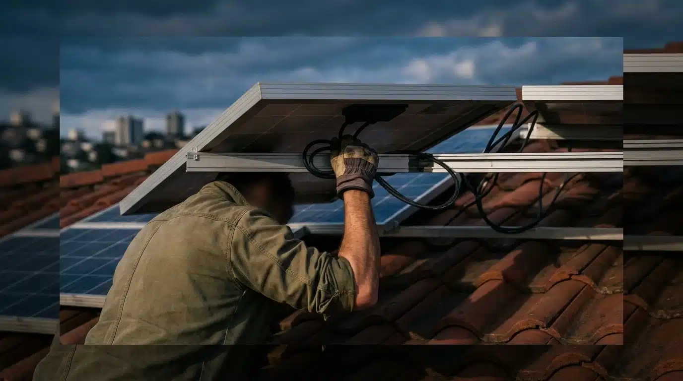 Person inspecting residential solar panel connections on a terracotta roof at twilight, symbolizing sustainable living and reduced carbon footprint through home energy.