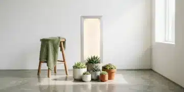 Solar-Powered Living: Integrating Renewable Energy for a Greener Home Minimalist home interior with a solar panel segment integrated into a wall, matte ceramic planters with green succulents, and soft morning light, showcasing sustainable living.