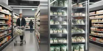 Modern commercial refrigeration unit with digital controls showing energy savings.