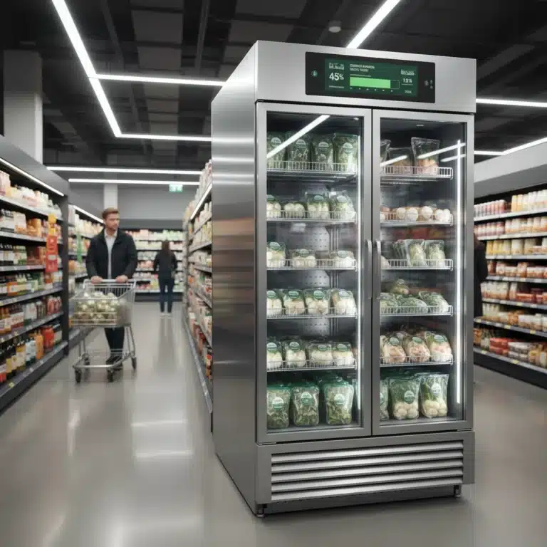 Modern commercial refrigeration unit with digital controls showing energy savings.