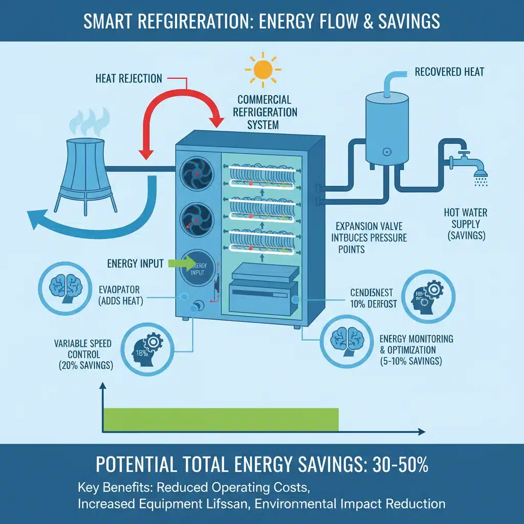 Infographic showing energy flow and savings in a commercial refrigeration system.