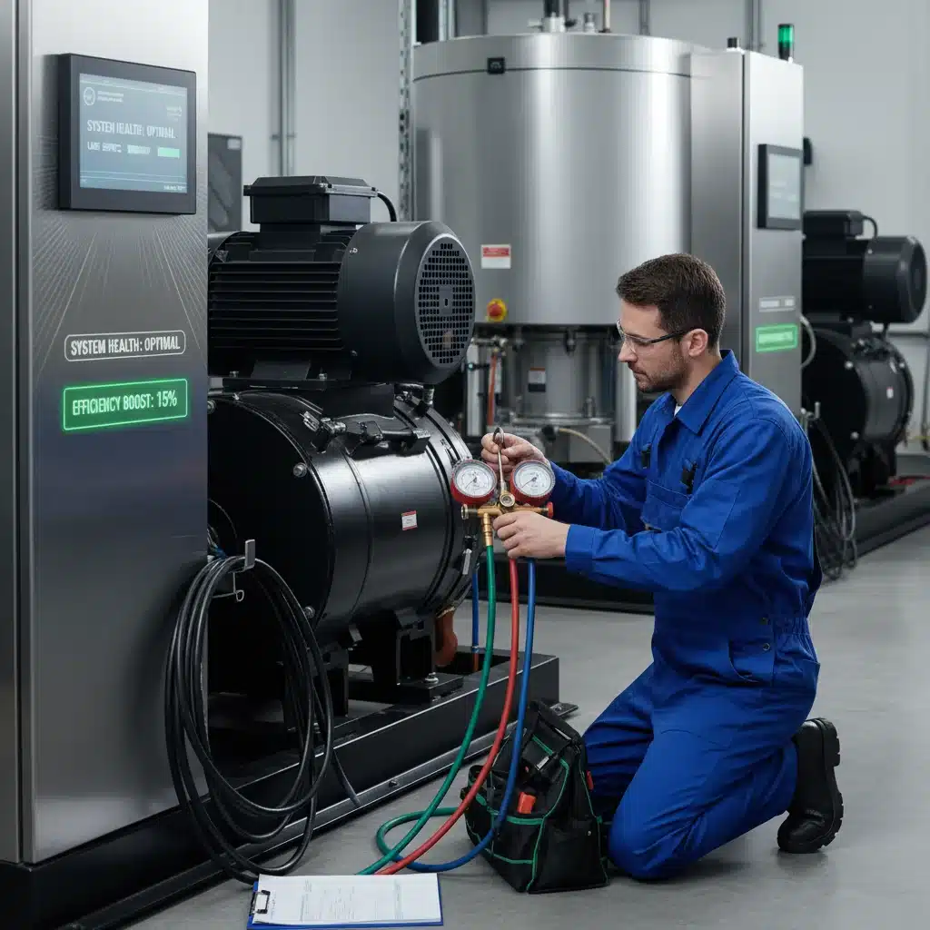 Technician performing preventative maintenance on a commercial refrigeration compressor.