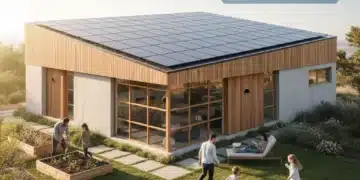 Modern home with solar panels and a digital display indicating a 4% solar loan interest rate for 2026.