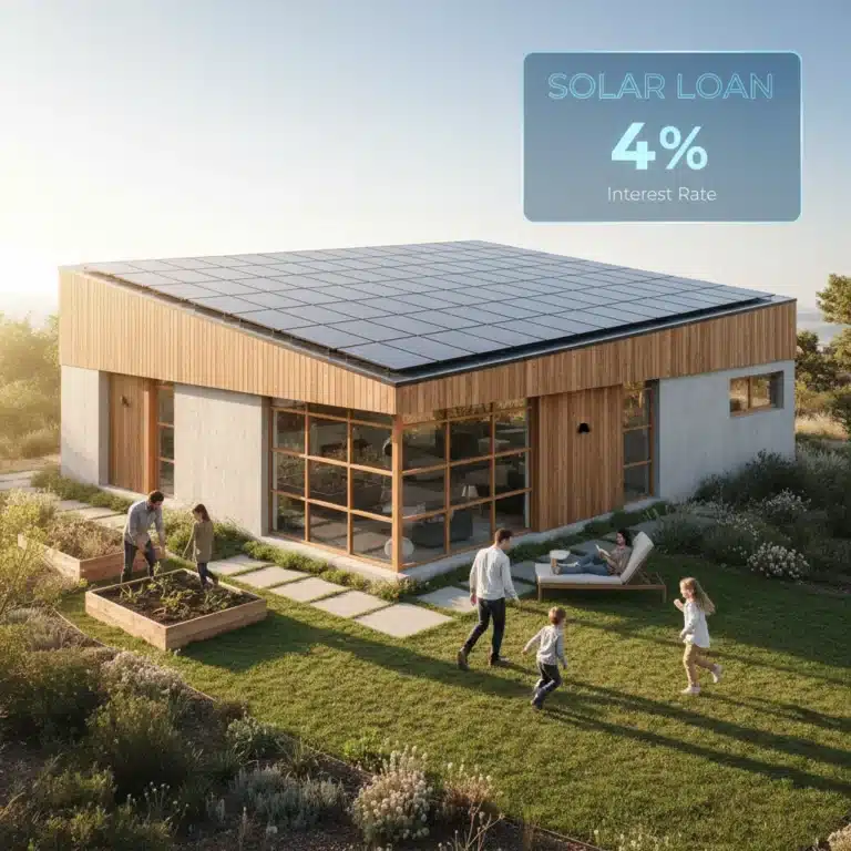 Modern home with solar panels and a digital display indicating a 4% solar loan interest rate for 2026.