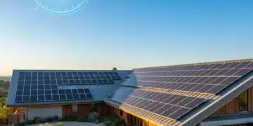 Solar panels on a residential rooftop with 25-year warranty text overlay