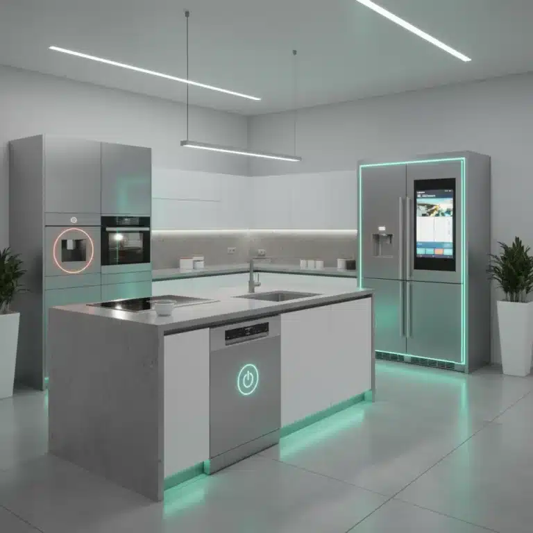 Modern kitchen with smart appliances showcasing energy efficiency