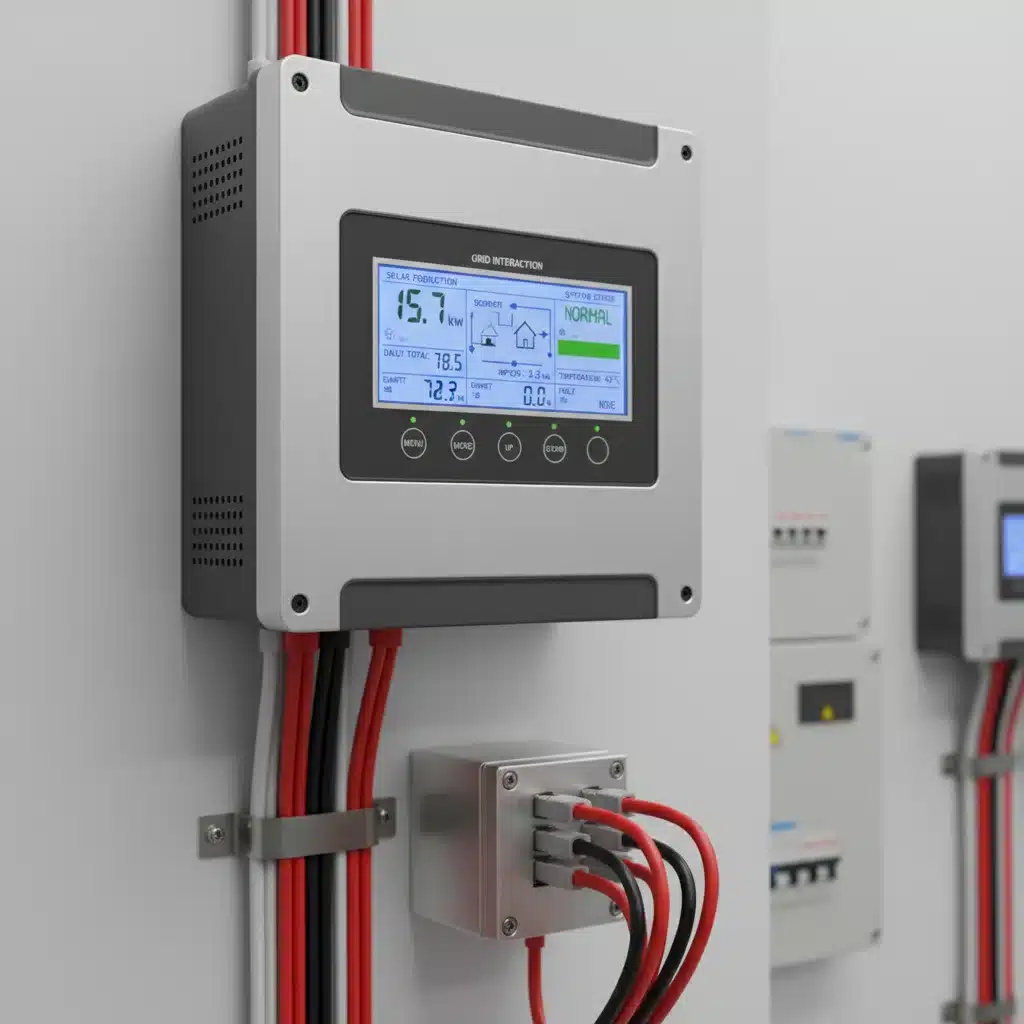 Close-up of a smart solar inverter with digital display