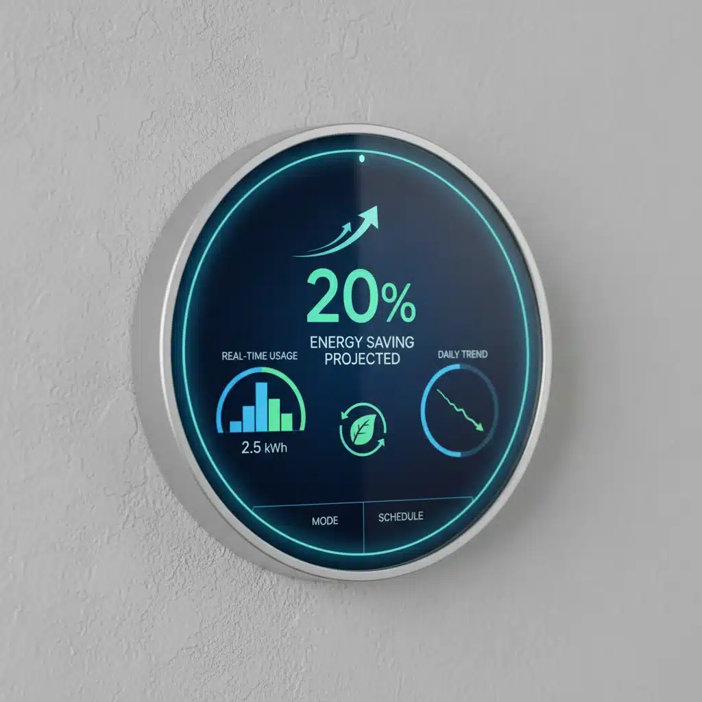 Smart thermostat displaying energy savings data
