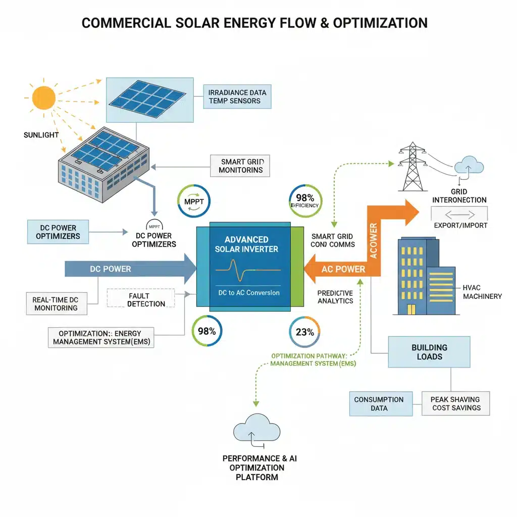 Diagram illustrating energy flow in a commercial solar system with advanced inverter