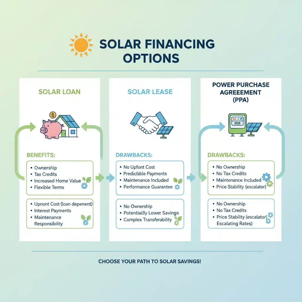 Infographic comparing solar loan, lease, and PPA financing options for residential solar installations.