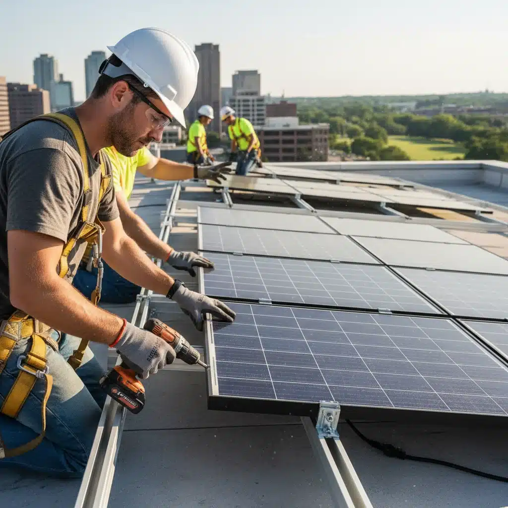 Worker installing solar panel on commercial roof, emphasizing efficiency.