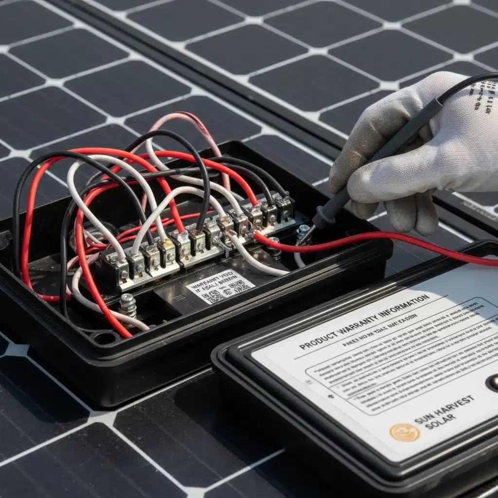 Technician inspecting solar panel junction box for product warranty