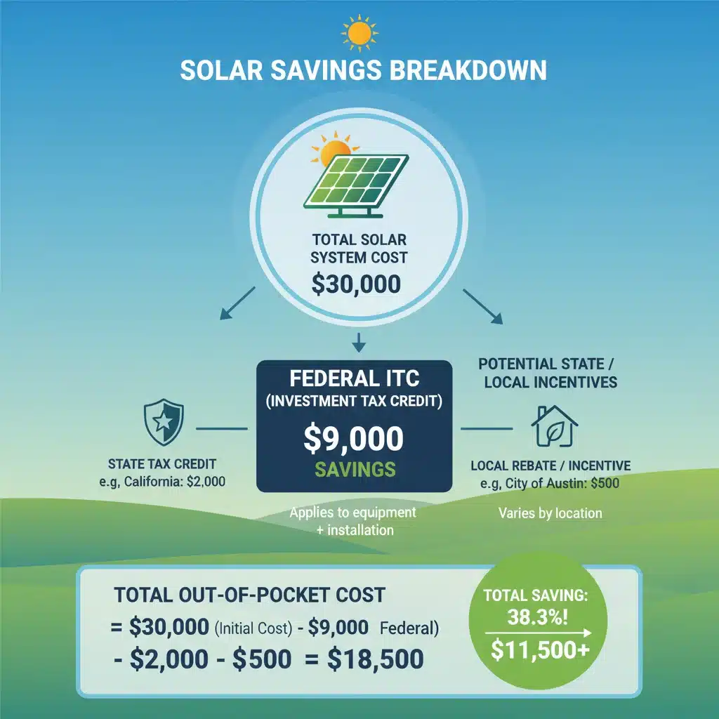 Infographic showing solar tax credit calculation and savings breakdown