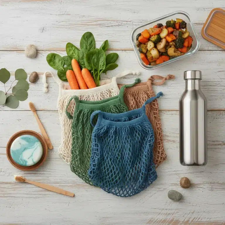 Collection of zero-waste household items on a wooden table