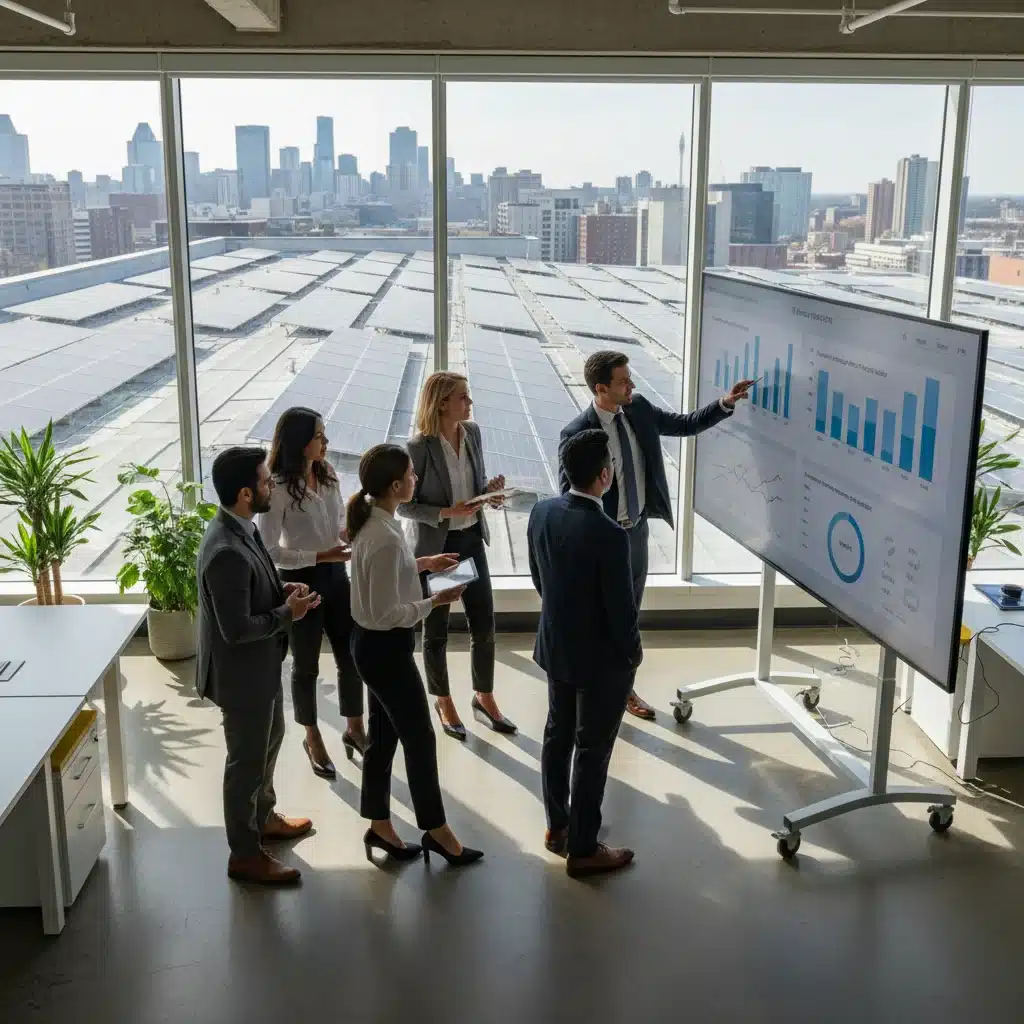 Business professionals analyzing energy data in an office, discussing commercial solar investment and energy efficiency strategies.