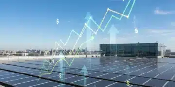 Modern commercial building with extensive rooftop solar panels symbolizing clean energy investment and financial growth.