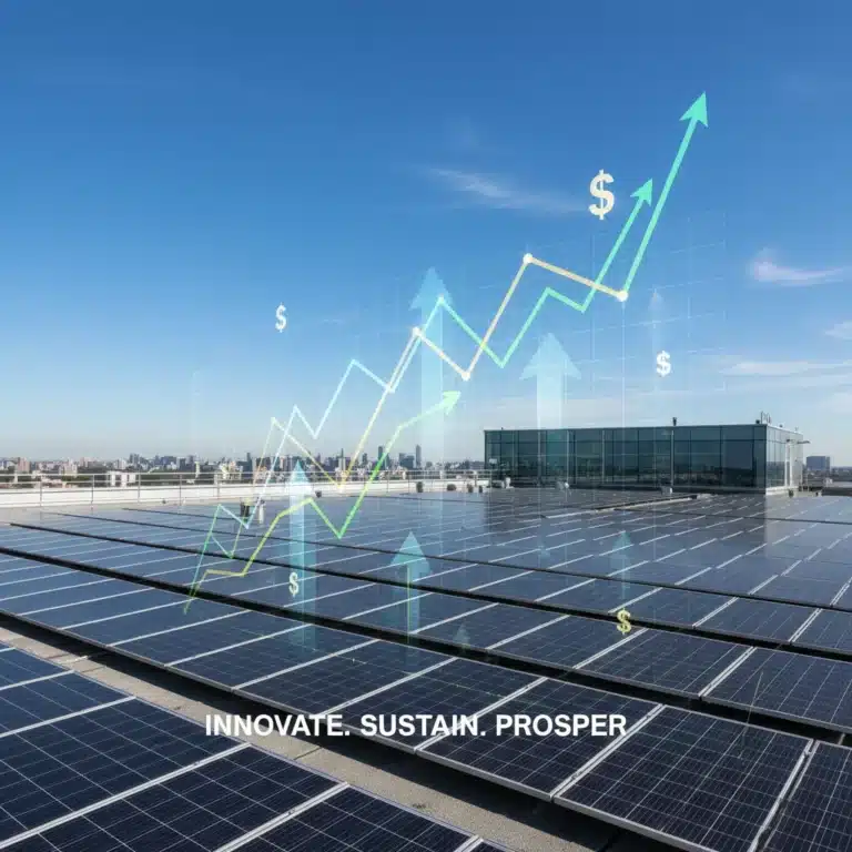 Modern commercial building with extensive rooftop solar panels symbolizing clean energy investment and financial growth.