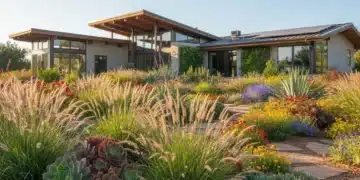 Lush drought-resistant garden with diverse plants and efficient irrigation