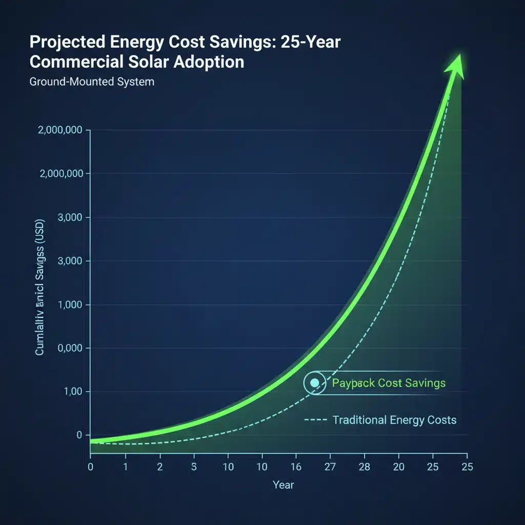 Graph depicting long-term energy cost savings and payback period for commercial solar installation.