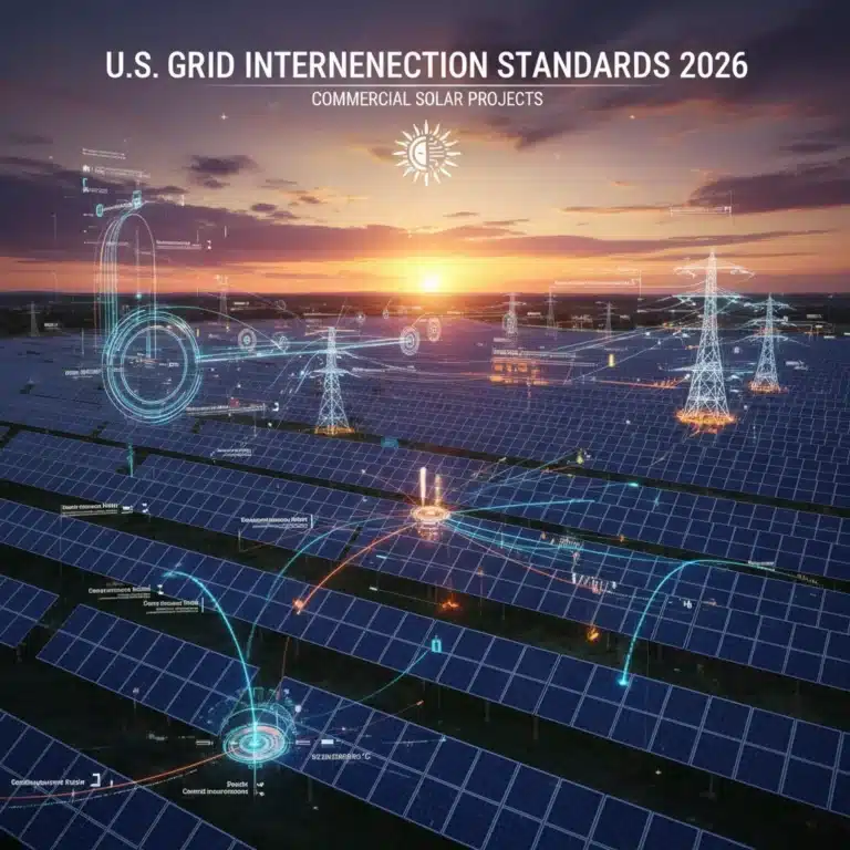 Digital representation of grid interconnection with solar panels at sunset, illustrating new U.S. standards.