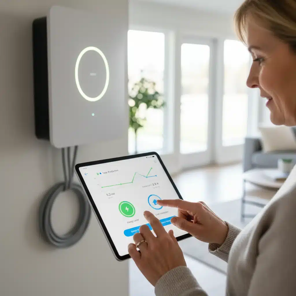 Homeowner monitoring energy usage and battery status via a smartphone app.