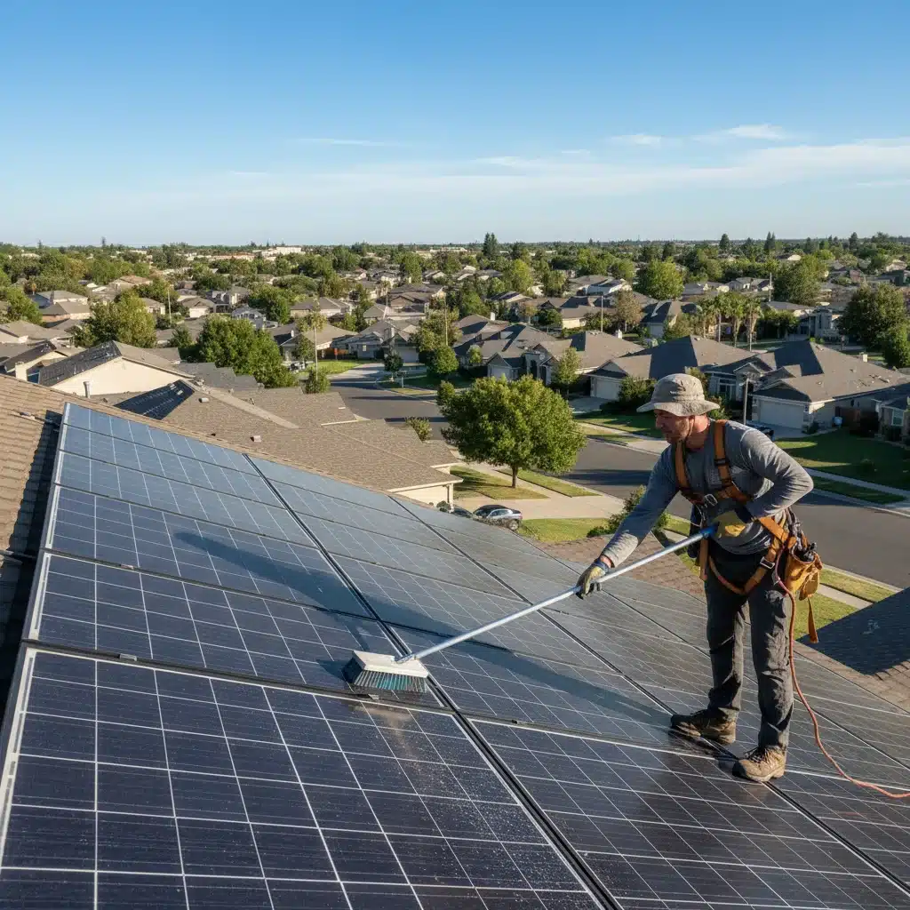 Homeowner cleaning solar panels on a rooftop for enhanced efficiency