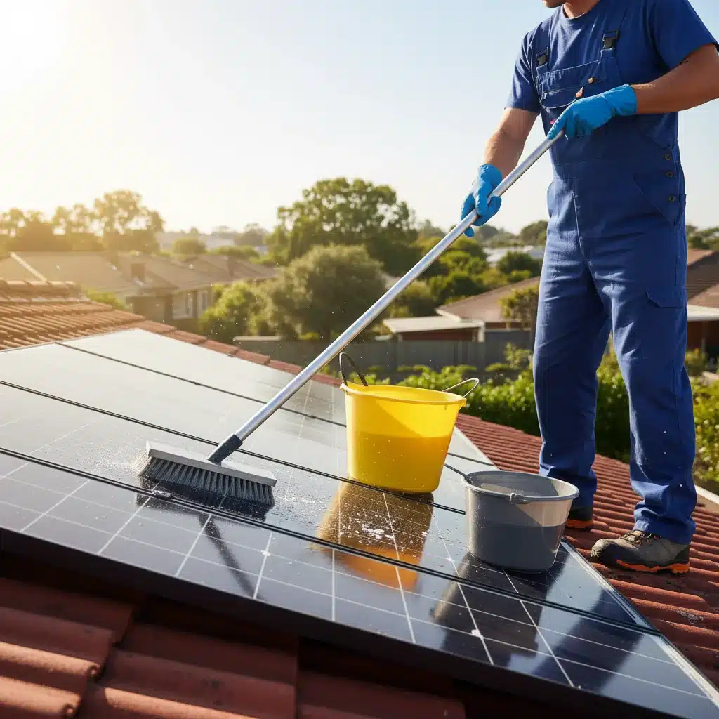 Homeowner safely cleaning solar panels on a roof with an extension pole and soft brush.