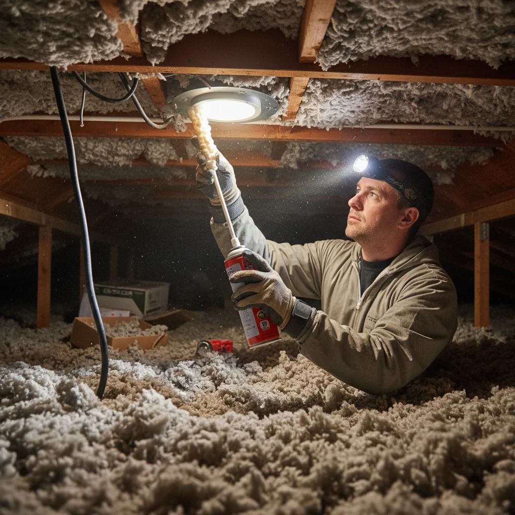 Homeowner sealing recessed light in attic with foam