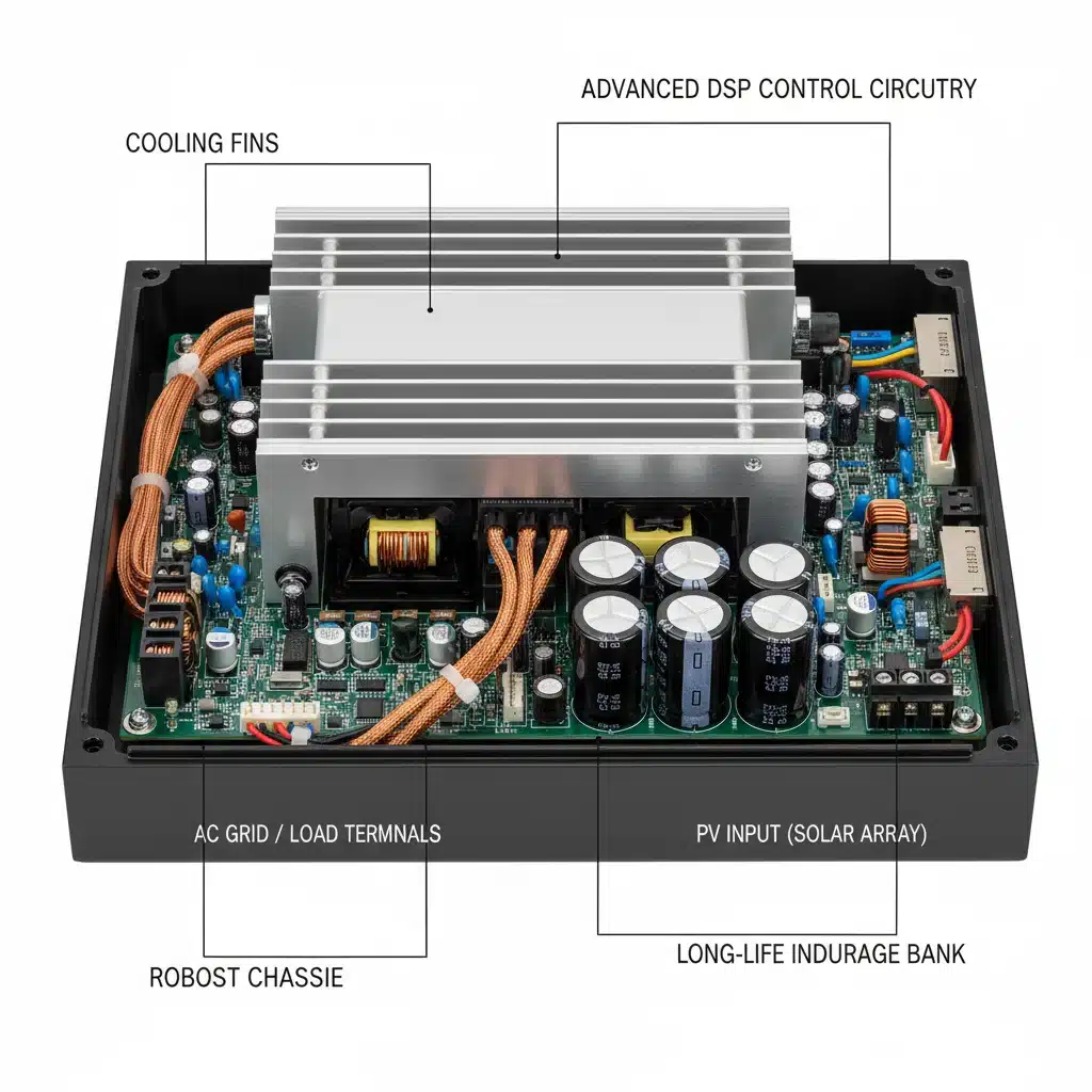 Internal components of a high-efficiency hybrid solar inverter