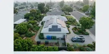 Beyond the Grid: Crafting a Sustainable Lifestyle with Solar Power Aerial view of a sustainable suburban home with solar panels, drought-resistant landscaping, recycling bins, compost, and an electric car, under diffused morning light.