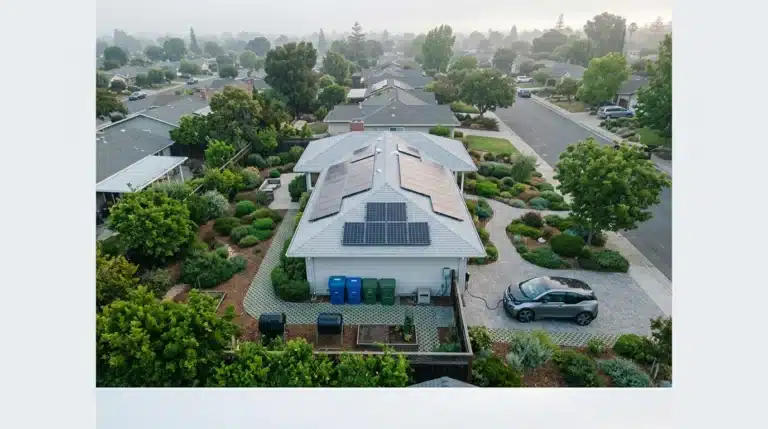 Aerial view of a sustainable suburban home with solar panels, drought-resistant landscaping, recycling bins, compost, and an electric car, under diffused morning light.