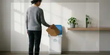 Person recycling cardboard into a modern bin, symbolizing mindful waste reduction for sustainable living.