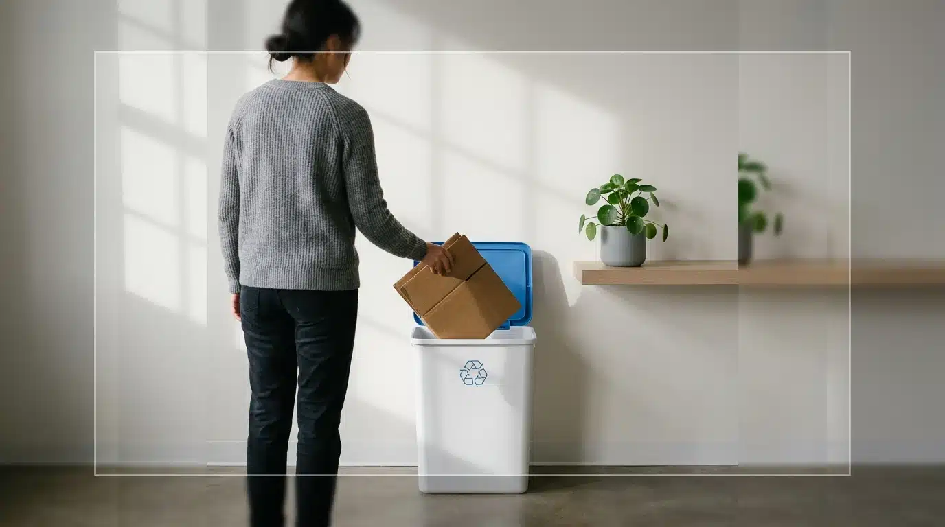 Person recycling cardboard into a modern bin, symbolizing mindful waste reduction for sustainable living.