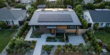 Aerial view of a modern home with integrated solar panels forming geometric patterns on a dark grey roof, surrounded by minimalist landscaping.