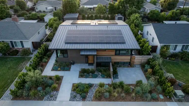 Aerial view of a modern home with integrated solar panels forming geometric patterns on a dark grey roof, surrounded by minimalist landscaping.