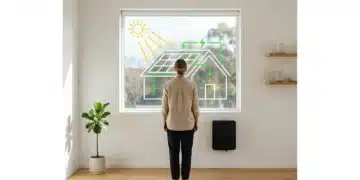 A homeowner observing a graphic representation of solar energy flow from panels to home, illustrating how residential solar works in a minimalist living space.