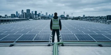 Unlocking Solar Potential: Expert Strategies for Commercial & Residential Energy Independence Person in safety vest observing a vast grid of dark commercial solar panels on a rooftop with an urban skyline in the distance, emphasizing expert oversight.