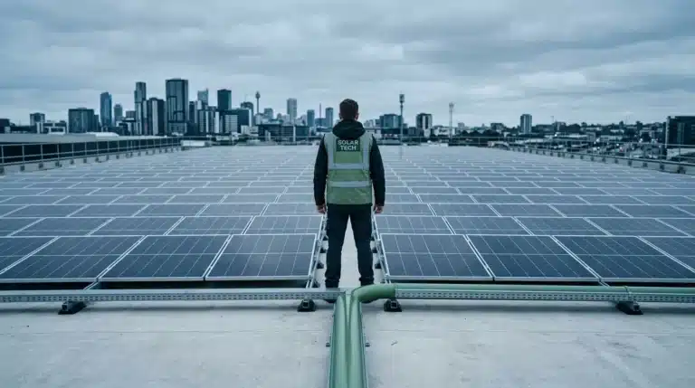 Person in safety vest observing a vast grid of dark commercial solar panels on a rooftop with an urban skyline in the distance, emphasizing expert oversight.