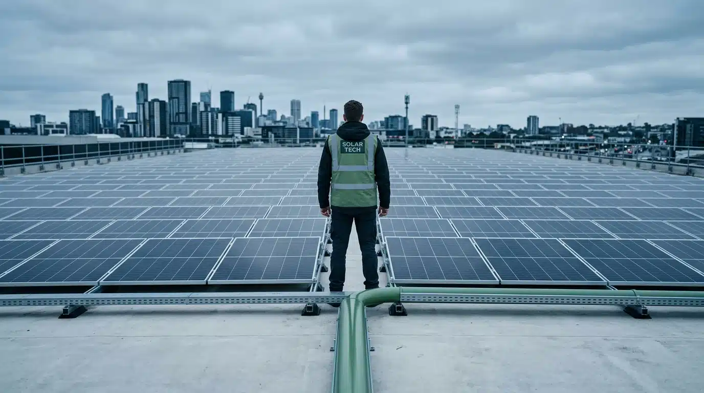 Person in safety vest observing a vast grid of dark commercial solar panels on a rooftop with an urban skyline in the distance, emphasizing expert oversight.