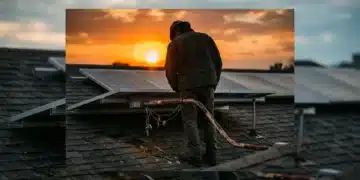 Silhouetted person inspecting a corroded electrical conduit under a poorly installed residential solar panel array on a shingle roof, highlighting common project pitfalls.