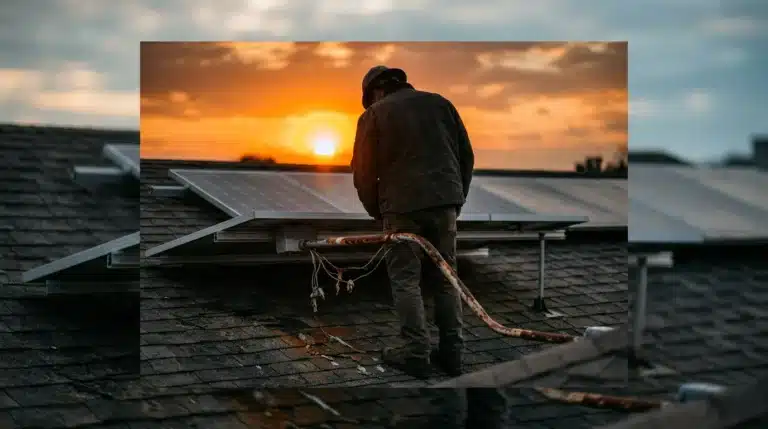 Silhouetted person inspecting a corroded electrical conduit under a poorly installed residential solar panel array on a shingle roof, highlighting common project pitfalls.