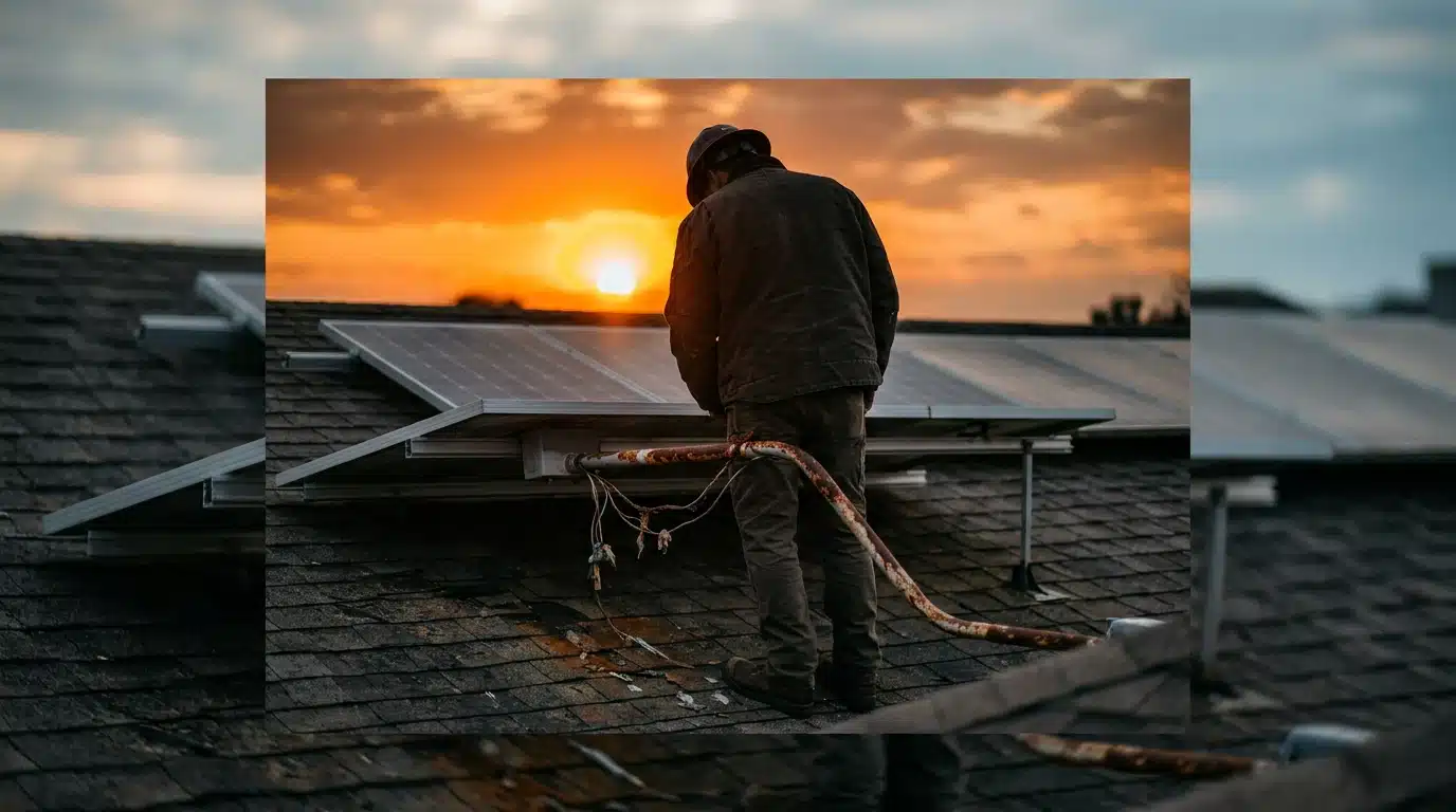 Silhouetted person inspecting a corroded electrical conduit under a poorly installed residential solar panel array on a shingle roof, highlighting common project pitfalls.