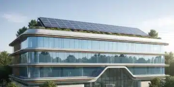 Modern commercial building with optimized building envelope and solar panels, representing energy efficiency.