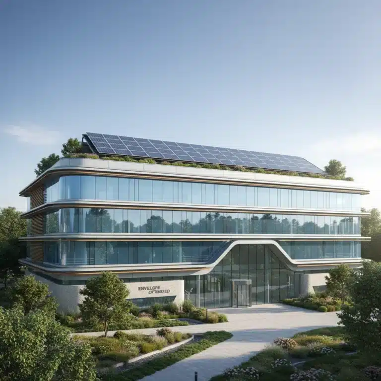 Modern commercial building with optimized building envelope and solar panels, representing energy efficiency.