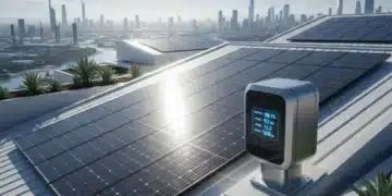 Modern solar inverter on a residential rooftop with high-efficiency panels