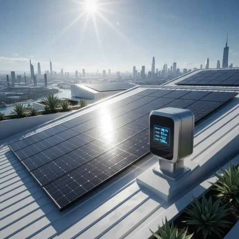 Modern solar inverter on a residential rooftop with high-efficiency panels