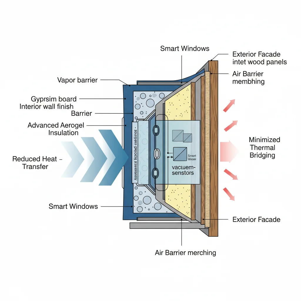 Diagram showing optimized building envelope layers: insulation, smart windows, air barrier.