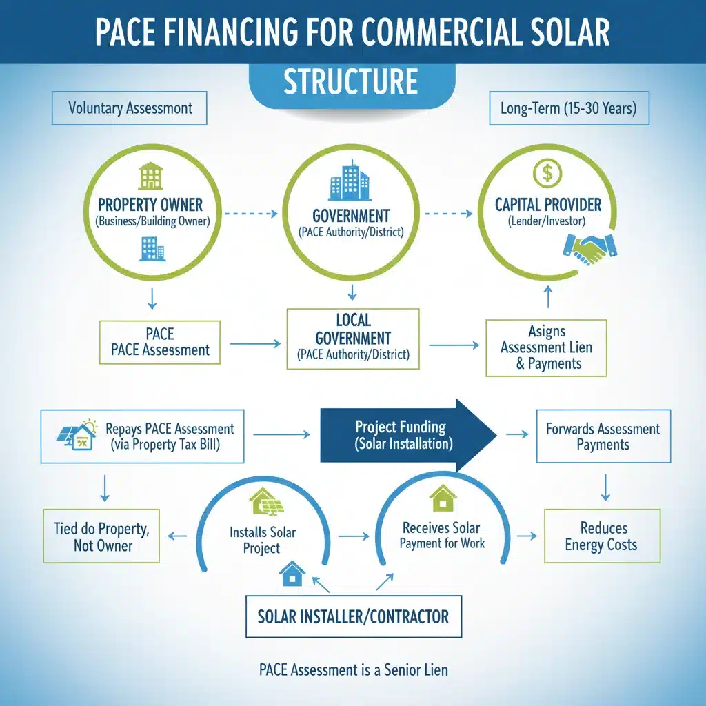 Infographic detailing the financial flow and stakeholders in a commercial PACE solar financing program.