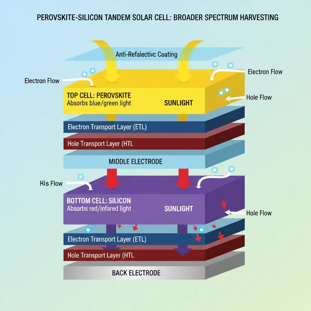 Diagram of perovskite-silicon tandem solar cell structure for enhanced efficiency